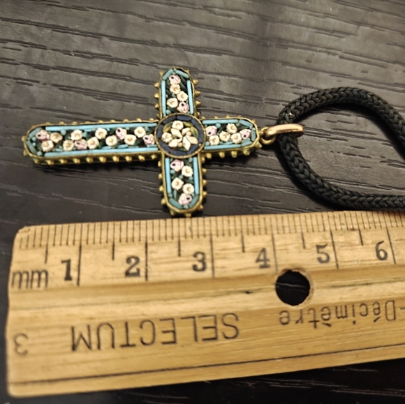 Antique Italian Mosaic Cross Pendant Necklace - Picture 13 of 14
